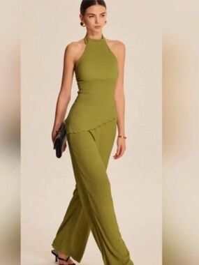 Commense Olive Halter Knit Wide-Leg Jumpsuit